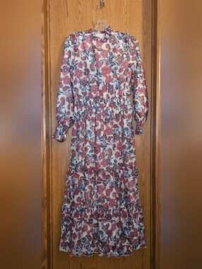 Floral Tiered Long Sleeve Maxi Dress - White with Pink & Blue Floral